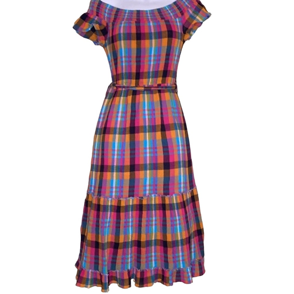 Jun & Ivy Lorrine Off Shoulder Peasant Style Smocked Plaid Belt Midi Dress S
